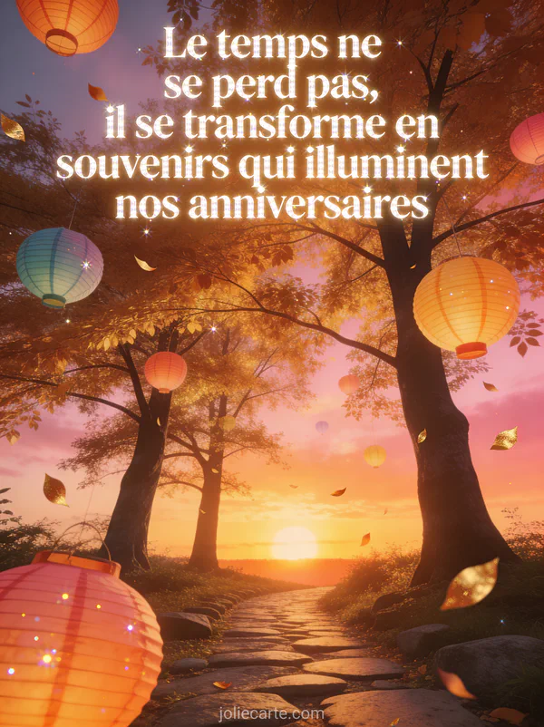 Sentier bordé de grands arbres aux feuilles dorées et cuivrées menant vers un coucher de soleil avec lanternes en papier flottantes