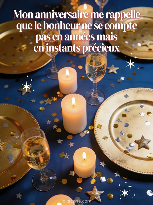 Table de fête vue de dessus avec assiettes dorées, bougies allumées, confettis dorés et argentés et verres de champagne pétillants