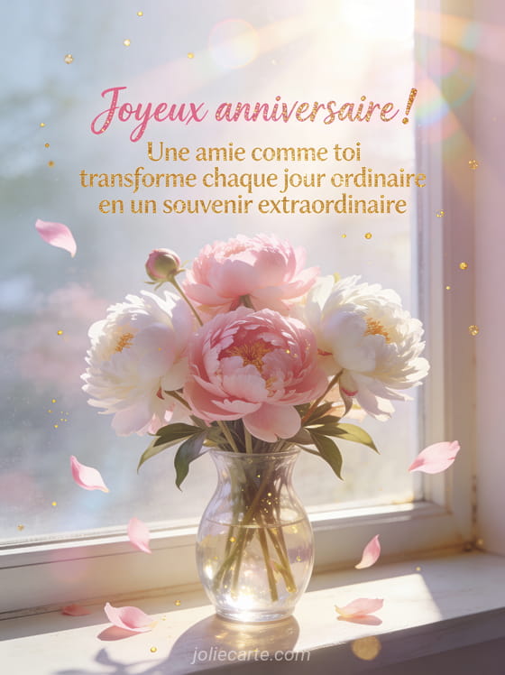 Bouquet de pivoines roses et blanches dans un vase en verre sur un rebord de fenêtre ensoleillé avec particules dorées dans l'air