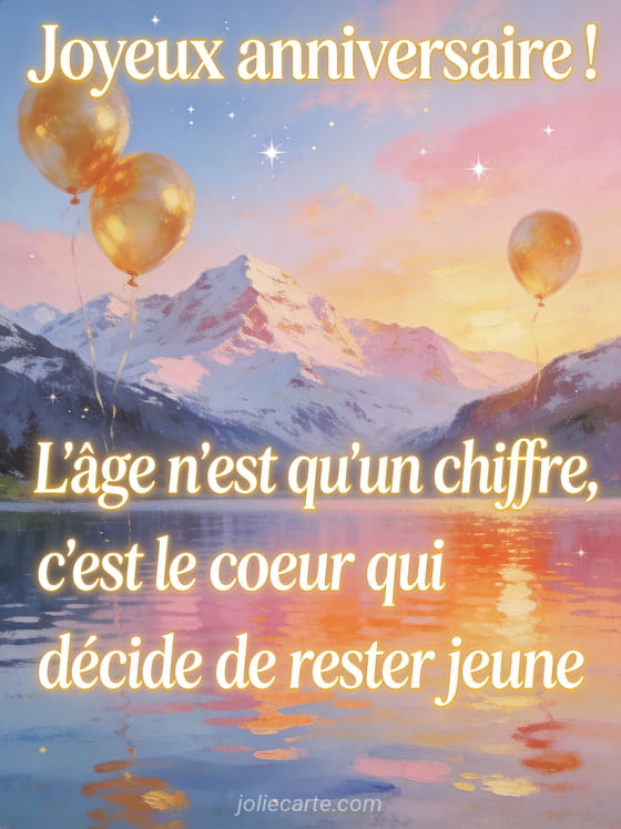 Lac de montagne au lever du soleil avec reflets roses et orangés, montagnes enneigées et ballons dorés flottant style peinture impressionniste