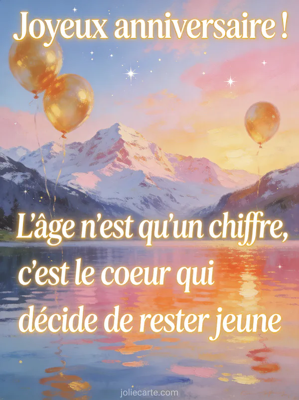 Lac de montagne au lever du soleil avec reflets roses et orangés, montagnes enneigées et ballons dorés flottant style peinture impressionniste