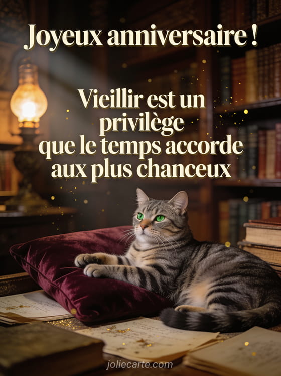 Chat tigré gris aux yeux verts allongé sur un coussin de velours bordeaux dans une bibliothèque ancienne avec lumière de lampe à huile