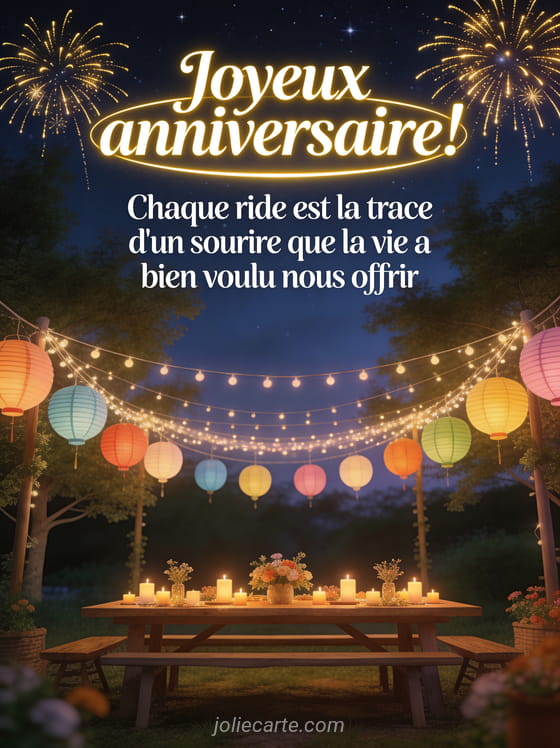 Fête en extérieur le soir avec lampions colorés suspendus entre des arbres, guirlandes lumineuses et feux d'artifice dorés dans le ciel