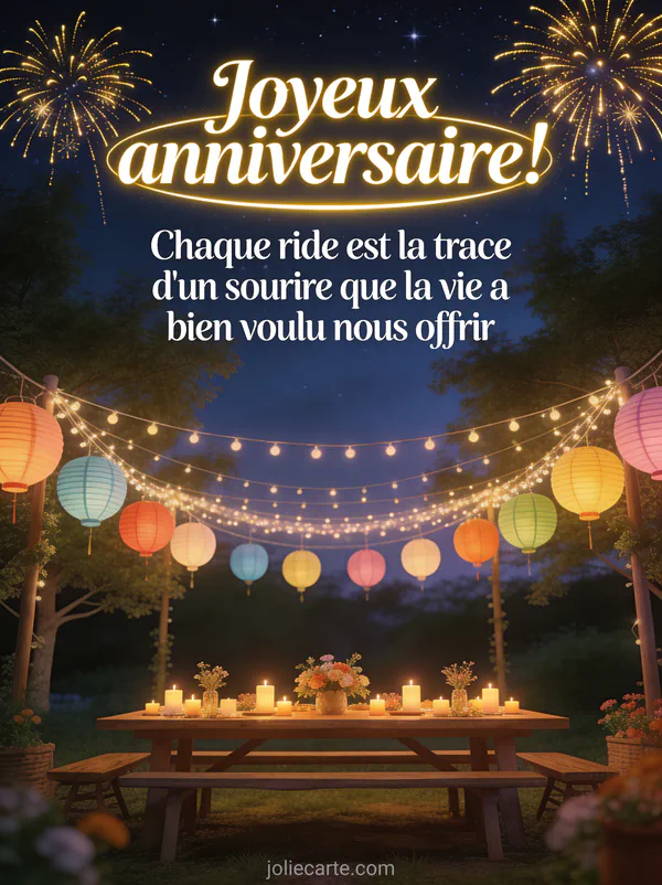 Fête en extérieur le soir avec lampions colorés suspendus entre des arbres, guirlandes lumineuses et feux d'artifice dorés dans le ciel