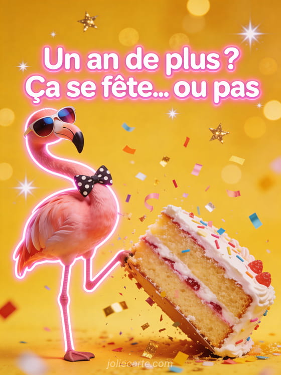 Flamant rose avec lunettes de soleil et noeud papillon à pois debout sur un gâteau d'anniversaire penché avec confettis et fond jaune