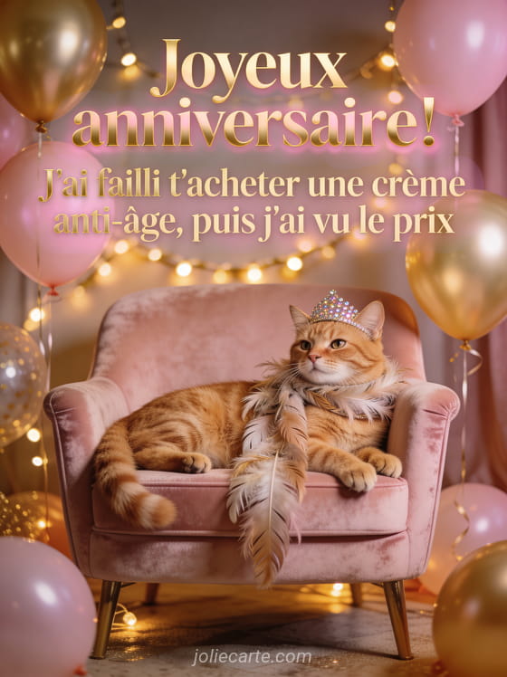 Chat roux allongé sur un fauteuil de velours rose portant un diadème à paillettes et une écharpe en plumes avec ballons roses et dorés