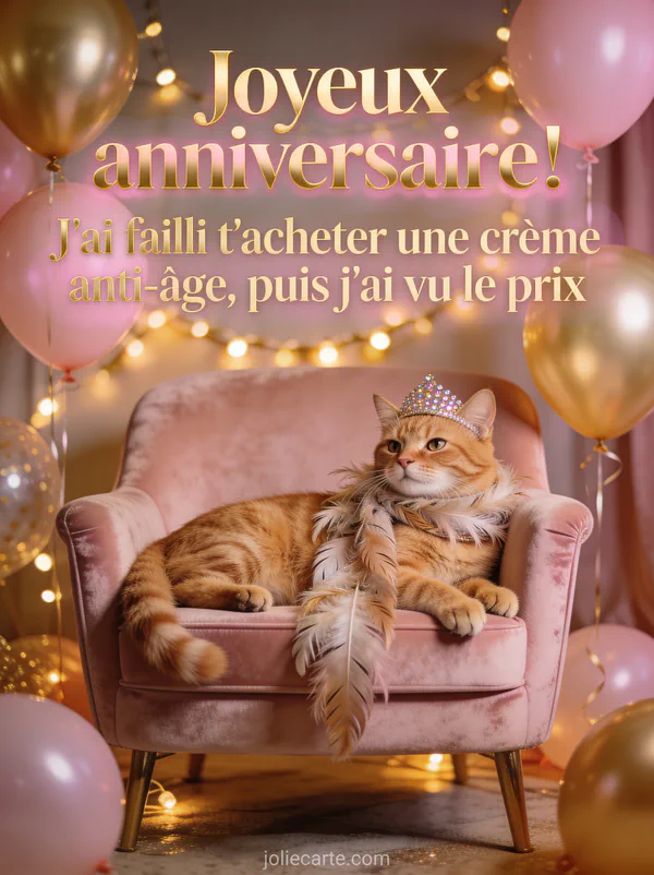 Chat roux allongé sur un fauteuil de velours rose portant un diadème à paillettes et une écharpe en plumes avec ballons roses et dorés