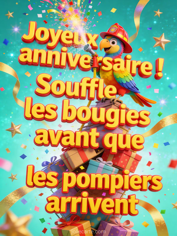 Perroquet multicolore portant un casque de pompier rouge perché sur une pile de cadeaux emballés avec confettis et fond turquoise