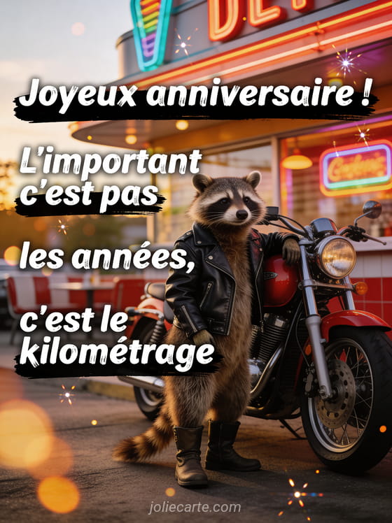 Raton laveur debout portant un blouson en cuir noir appuyé contre une moto vintage rouge devant un diner américain rétro avec néons