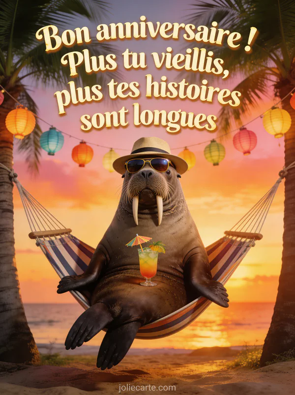 Morse imposant installé dans un hamac rayé entre deux palmiers portant un panama et des lunettes aviateur avec cocktail tropical au coucher du soleil