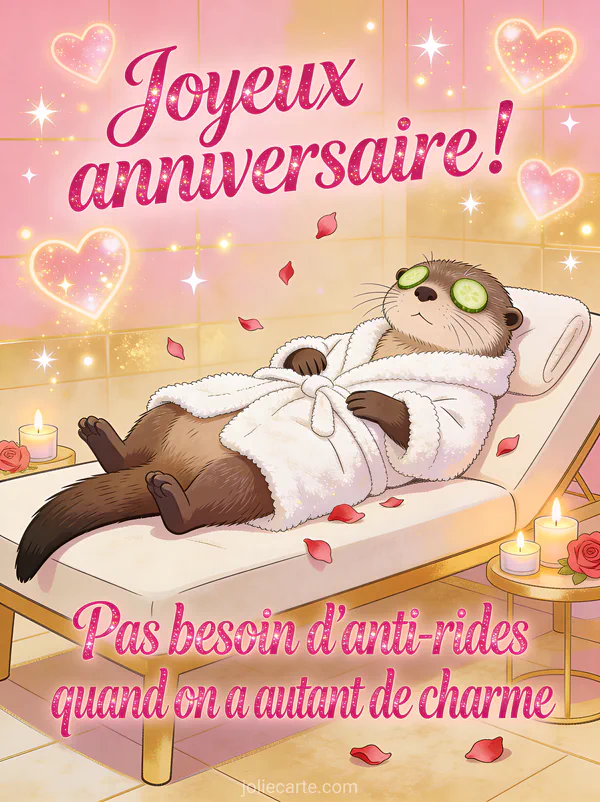 Loutre allongée sur un divan de spa en peignoir blanc avec rondelles de concombre sur les yeux, bougies et pétales de roses