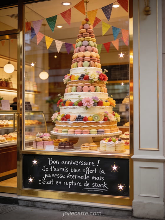 Vitrine de boulangerie-pâtisserie chic avec un énorme gâteau d'anniversaire à étages décoré de fruits fleurs et macarons avec guirlandes de fanions