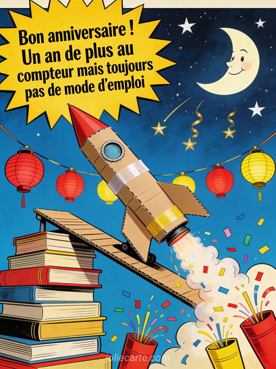 Fusée d'anniversaire bricolée en carton sur une rampe de livres empilés avec fumée de confettis et ciel étoilé style rétro années 50