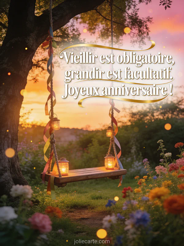 Jardin luxuriant au coucher du soleil avec une balançoire en bois décorée de rubans et lanternes accrochée à un grand chêne et fleurs sauvages