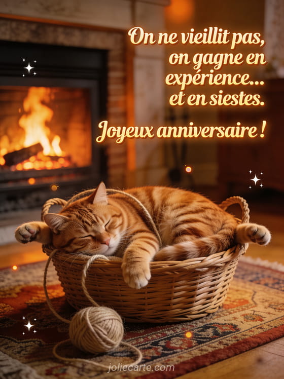 Gros chat tigré roux endormi dans un panier en osier trop petit les pattes qui dépassent devant une cheminée avec feu crépitant