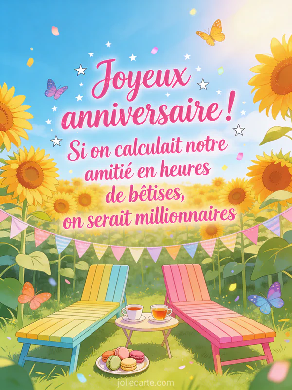 Champ de tournesols géants avec deux chaises longues colorées, plateau de macarons et tasses de thé, guirlandes de fanions pastel et papillons