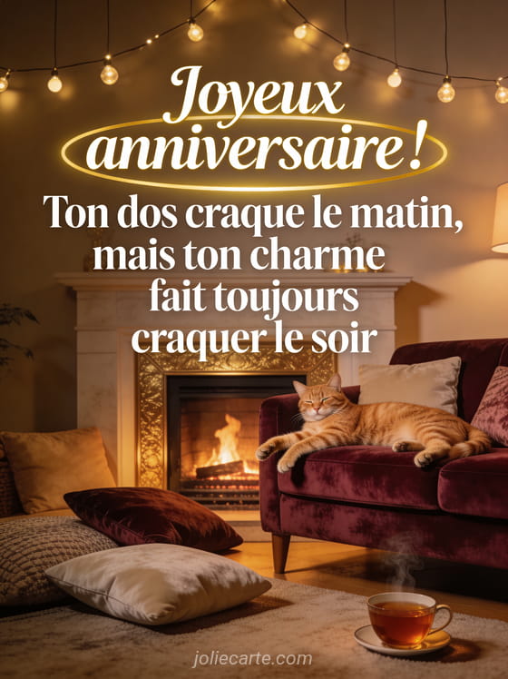 Chat roux qui s'étire sur un canapé en velours bordeaux devant une cheminée avec le texte Joyeux anniversaire