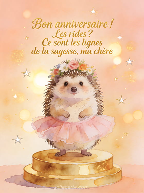 Hérisson portant une couronne de fleurs et un tutu rose sur un podium doré avec le texte Bon anniversaire
