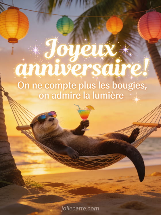 Loutre allongée dans un hamac avec des lunettes de soleil et un cocktail sur une plage tropicale au coucher du soleil
