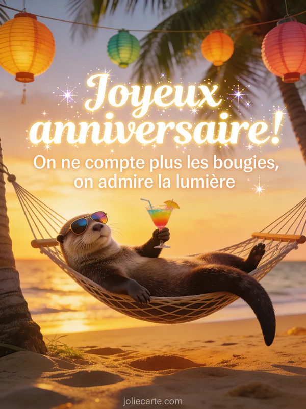 Loutre allongée dans un hamac avec des lunettes de soleil et un cocktail sur une plage tropicale au coucher du soleil