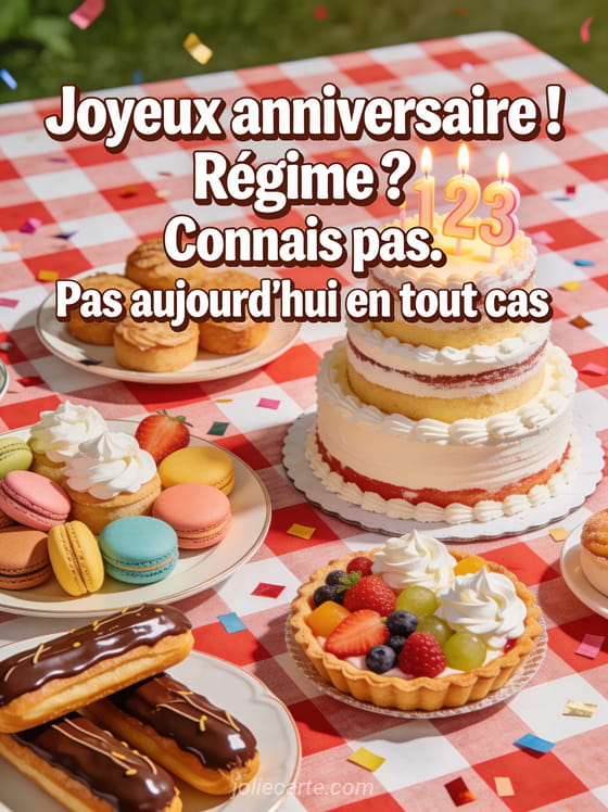 Table débordant de pâtisseries avec éclairs macarons et gâteau d'anniversaire trois étages avec le texte Joyeux anniversaire
