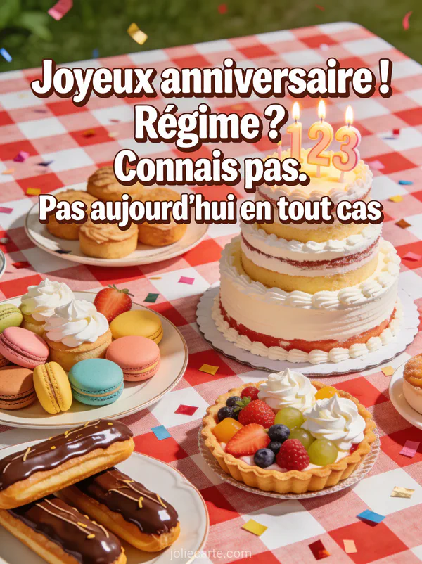 Table débordant de pâtisseries avec éclairs macarons et gâteau d'anniversaire trois étages avec le texte Joyeux anniversaire