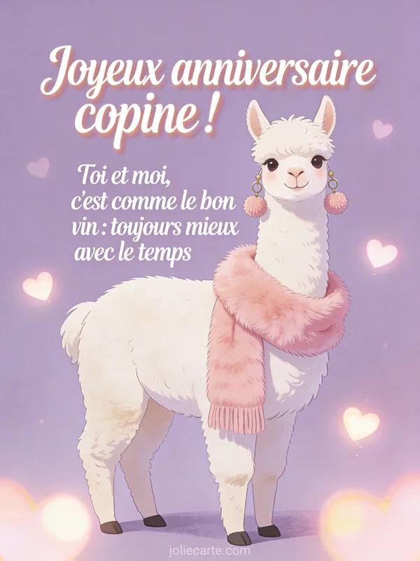 Alpaga blanc portant une écharpe rose et des boucles d'oreilles à pompons sur fond lavande avec coeurs lumineux