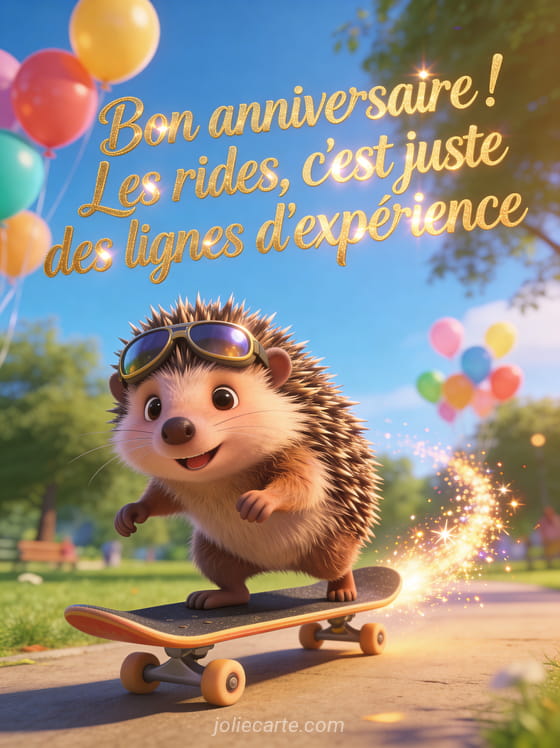 Hérisson portant des lunettes de soleil aviateur sur un skateboard dans un parc ensoleillé avec le texte Bon anniversaire