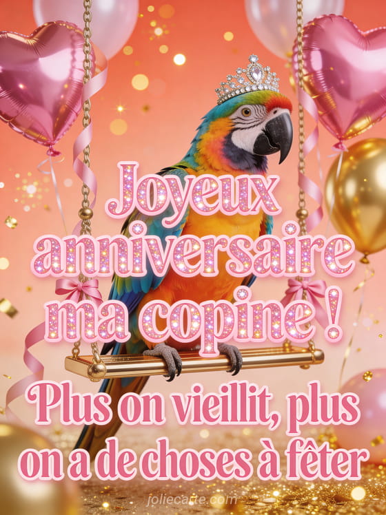 Perroquet multicolore portant un diadème de strass sur une balançoire dorée avec ballons roses et dorés