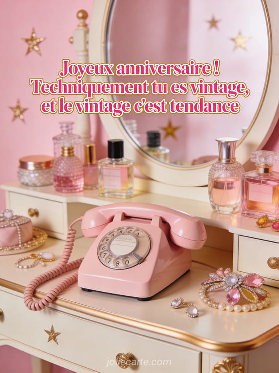 Téléphone à cadran rose sur une coiffeuse vintage avec flacons de parfum et bijoux sur fond rose poudré
