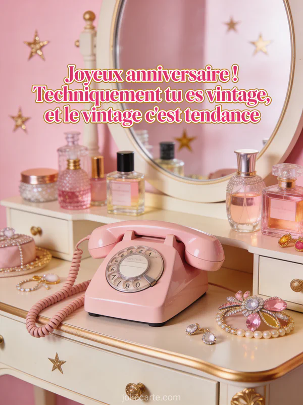 Téléphone à cadran rose sur une coiffeuse vintage avec flacons de parfum et bijoux sur fond rose poudré