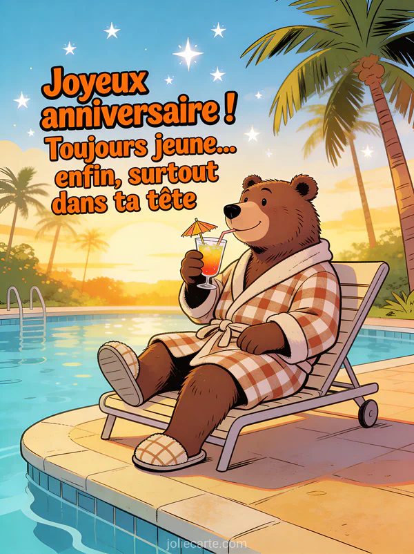 Ours brun en peignoir et chaussons assis dans une chaise longue au bord d'une piscine sirotant un cocktail avec le texte Joyeux anniversaire