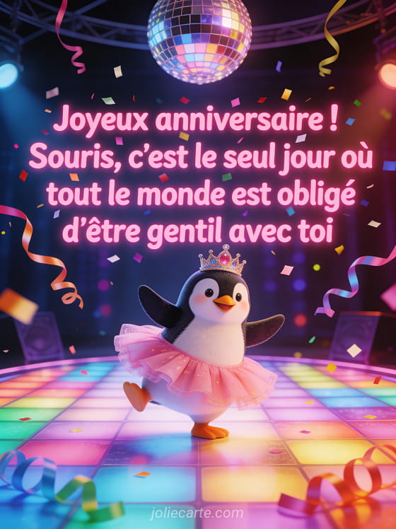 Pingouin portant un tutu rose et une couronne de princesse sur une piste de danse disco avec boule à facettes