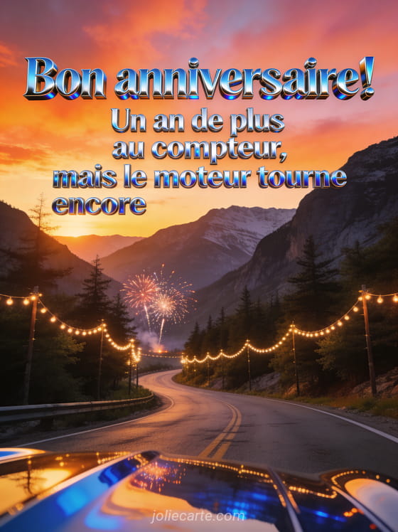 Paysage de route sinueuse à travers les montagnes au coucher du soleil avec guirlandes lumineuses et feux d'artifice avec le texte Bon anniversaire