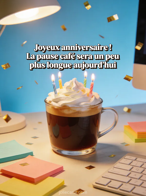 Tasse de café géante débordant de crème fouettée avec des bougies d'anniversaire sur un bureau avec post-it colorés