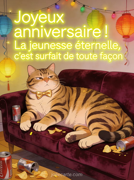Chat tigré allongé sur un canapé en velours bordeaux avec noeud papillon doré entouré de canettes vides et le texte Joyeux anniversaire