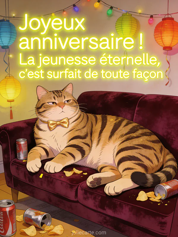Chat tigré allongé sur un canapé en velours bordeaux avec noeud papillon doré entouré de canettes vides et le texte Joyeux anniversaire