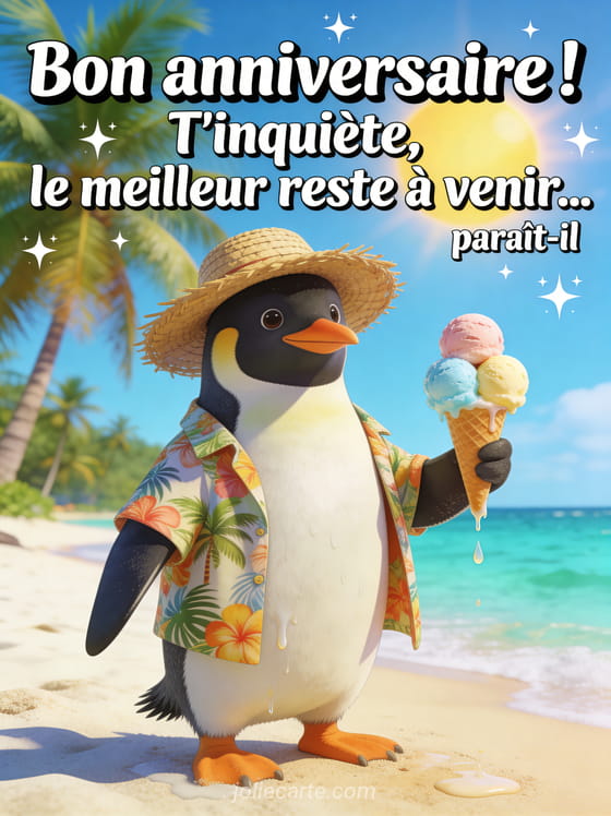 Pingouin sur une plage tropicale portant un chapeau de paille et une chemise hawaïenne tenant une glace avec le texte Bon anniversaire