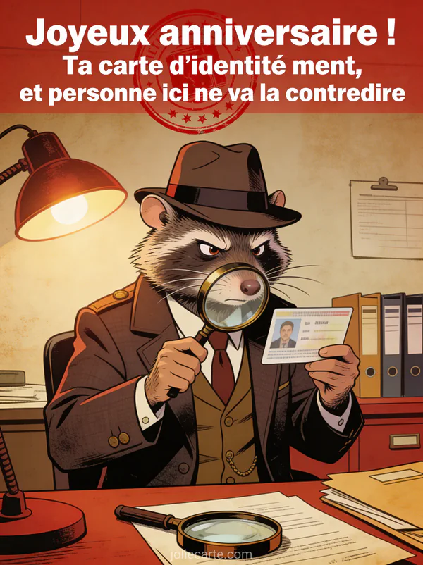 Raton laveur en costume de détective avec loupe et chapeau fedora examinant une carte d'identité sur un bureau vintage