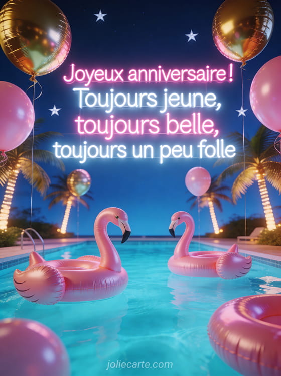 Ballons géants dorés et roses flottant au-dessus d'une piscine turquoise avec flamants roses gonflables et palmiers illuminés