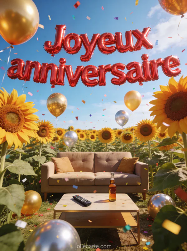 Canapé au milieu d'un champ de tournesols géants avec ballons dorés et confettis et le texte Joyeux anniversaire en lettres gonflables rouges