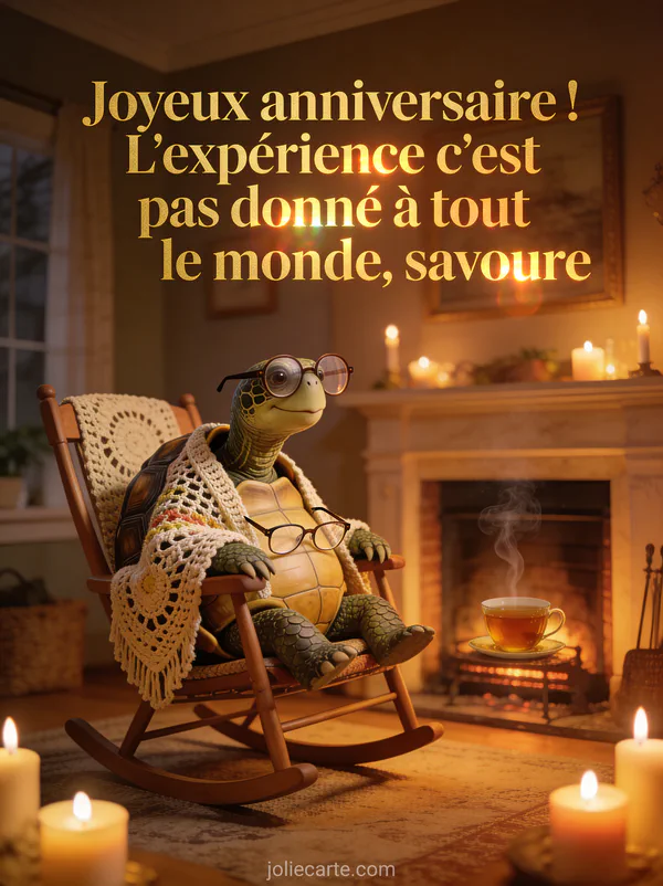 Tortue portant des lunettes de lecture et un châle en crochet dans un rocking-chair devant une cheminée avec un thé fumant