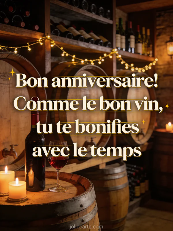 Cave à vin chaleureuse avec tonneaux en bois, bouteille de vin rouge et verre rempli éclairés par des bougies avec le texte Bon anniversaire