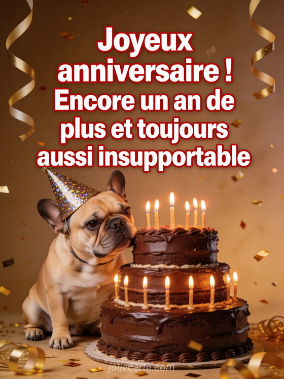 Bouledogue français grognon portant un chapeau de fête à paillettes devant un gâteau au chocolat avec bougies et confettis dorés