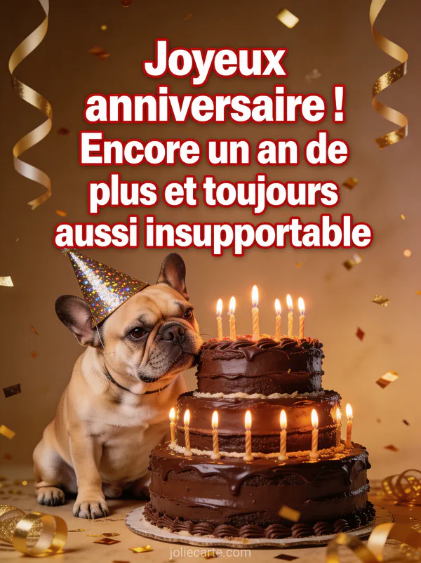 Bouledogue français grognon portant un chapeau de fête à paillettes devant un gâteau au chocolat avec bougies et confettis dorés