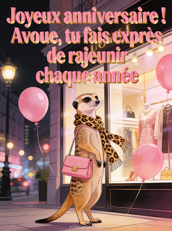 Suricate debout portant un sac à main rose et une écharpe léopard devant une vitrine de boutique chic avec ballons roses