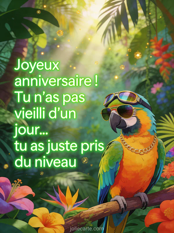 Perroquet ara multicolore avec lunettes de soleil aviateur et chaîne en or perché sur une branche tropicale avec le texte Joyeux anniversaire