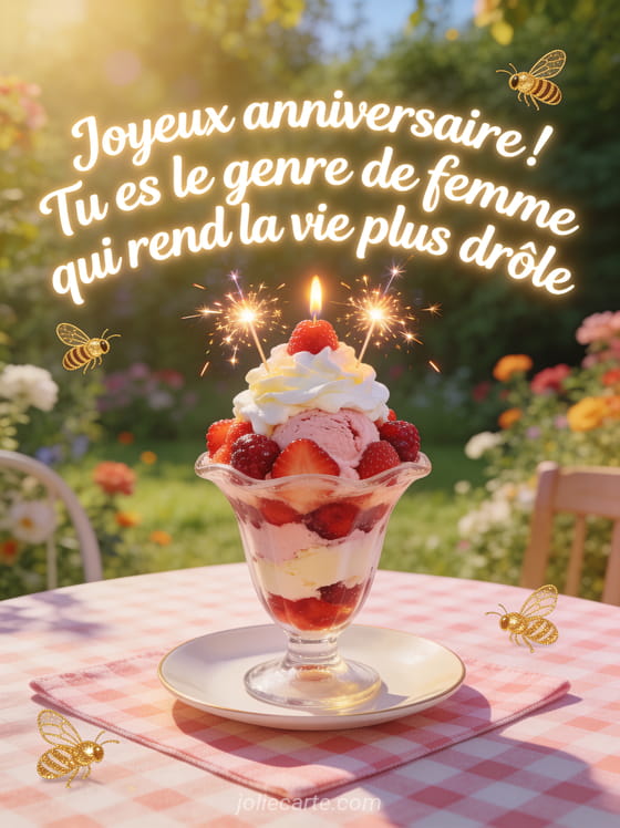 Table de jardin ensoleillée avec un énorme sundae glacé aux fruits rouges et chantilly surmonté de sparklers allumés