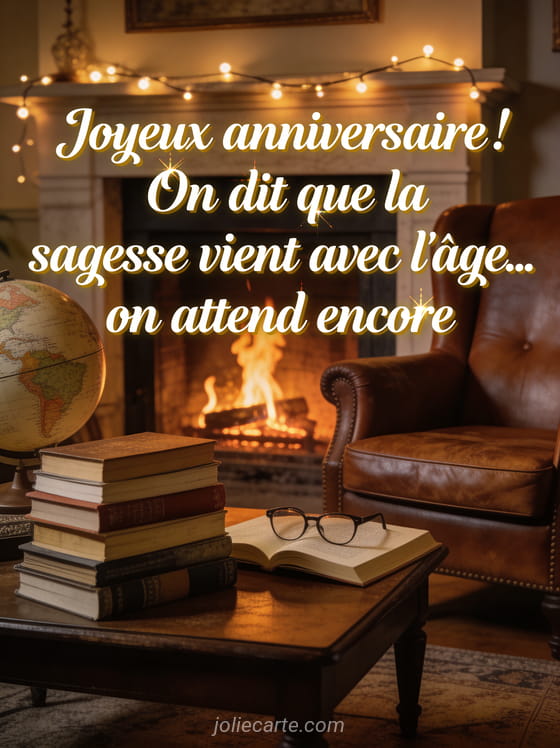 Salon cosy avec fauteuil en cuir vintage, pile de livres, globe terrestre et cheminée allumée avec guirlandes lumineuses et le texte Joyeux anniversaire