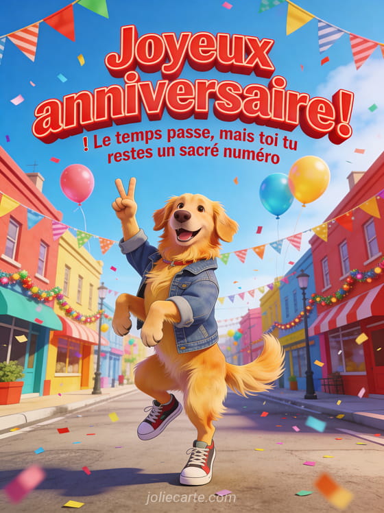 Golden retriever portant une veste en jean et des baskets debout sur ses pattes arrière faisant un signe de victoire dans une rue colorée avec ballons